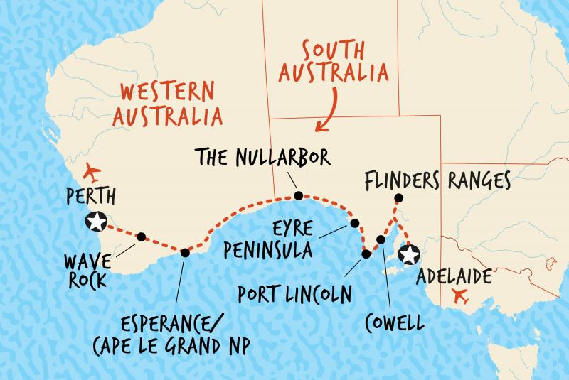 Map of our 9 day tour Perth to Adelaide 