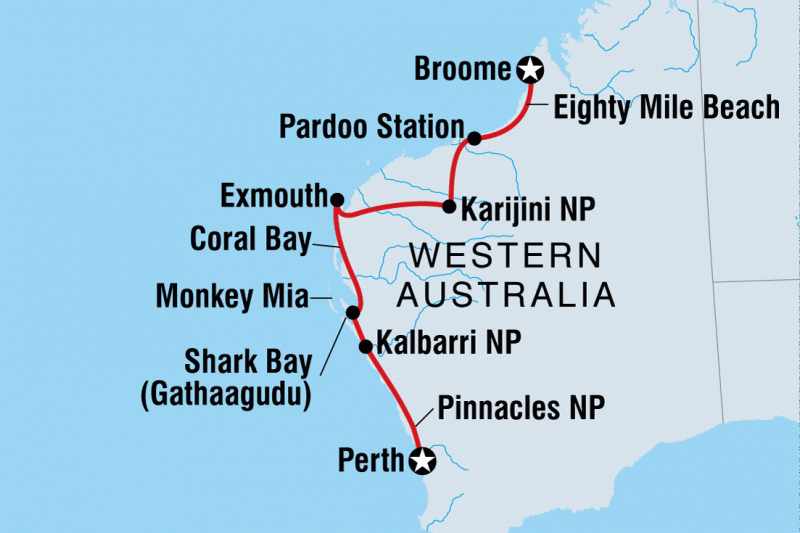 Map of our 12 day tour Perth to Broome